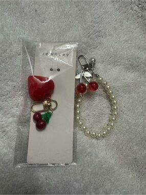 Pearl Bracelet Key & Card Holder with Red Cherry Charms
